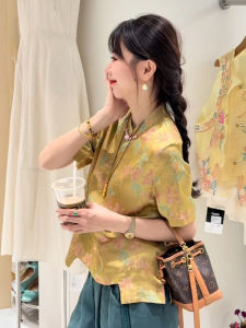 New Chinese Style Floral Print Short Sleeve Womens Shirt Slim Fit Button up Top Summer 2025 Fashionable Versatile Workwear
