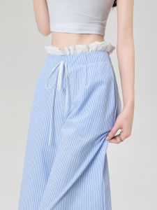 Blue Lace Trim Wide Leg Pants Womens Summer Thin High Waist Draped Lazy Casual Straight Floor-Length Pants Asymmetrical Commute Style Korean Version