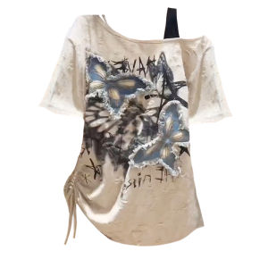 plus Size Butterfly Shoulder T-Shirt Womens Loose Fit Short Sleeve Casual American Style Open Shoulder Top Summer Fashion
