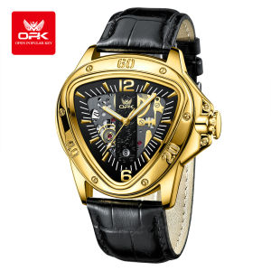 OPK Mens Watch New Original Unique Triangular Hollow Dial Design Waterproof Luxury Leather Strap Sport Calendar Mens Gift