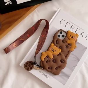 3D Cartoon Cookie Bear With Lanyard Phone Case For iPhone 17 16 15 14 13 12 11 Pro Max X XR XS 6 7 8 Plus SE Shockproof Cover