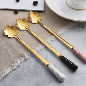 Stainless Steel Long Handle Coffee Spoon Ceramic Flower Dessert Spoon Home Use Dining Utensils Sakura Spoon Creative Kitchen Tools