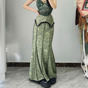 Bohemian Long Tassel Denim Skirt Mid-Length Half Body Vintage Style Pocket Detail Natural Waist Dyeing Fish Tail Design