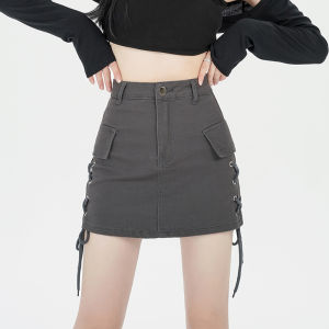 Yimei váy denim mới mùa hè 2023 ren lên hông váy quấn cá nhân váy chữ A thời trang