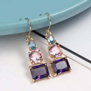 Huitan Blue/Pink/Purple CZ Dangle Earrings for Women New 2023 Colorful Earrings Wedding Party Temperament Ladys Ear Jewelry