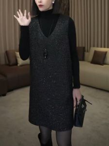 Versatile Sleeveless Knitted Dress Large Size Womens Fashionable French Style High Waist A-Line Black Dress for Autumn