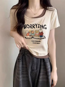 Slimming Effect Short Sleeve T-Shirt U-Neck Splice Design Cotton Blend Comfortable Summer Top Hide Belly Look Thin Butterfly Qideer Brand