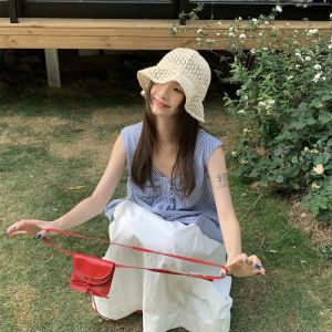 Double-Sided Wear Plaid Sleeveless Womens Shirt V-Neck Vest Doll Shirt Top Knot Design Commute Style Casual Fashion