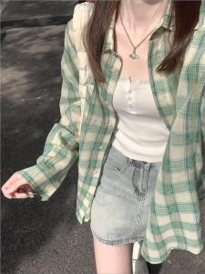Áo Sơ Mi Kẻ Caro Xanh Lá Cây Cổ Polo Tay Dài Dáng Rộng Mùa Hè Mới Cho Nữ Áo Chống Nắng Áo Khoác Ngoài Chất Liệu Cotton