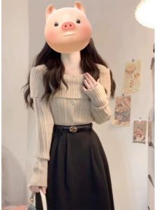 Shoulder Bared Knitted Sweater Womens Fashion Spring Autumn Winter Turn down Collar Base Shirt Korean Style Long Sleeve Slim Fit