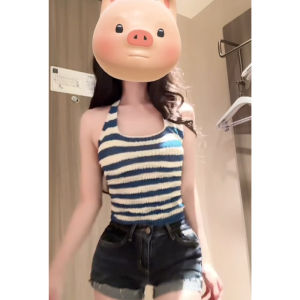 YUEZHONGWEI | Áo ba lỗ không tay màu xanh sọc lụa băng dệt kim cổ treo cho nữ mùa hè áo ngắn ôm vừa vặn gợi cảm mặc ngoài