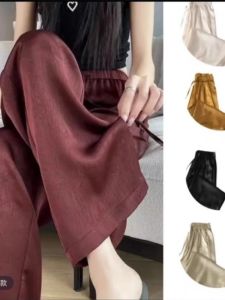 กางเกงขายาวผ้าไหมน้ำแข็งทรงหลวมเอวสูงทรงตรงสำหรับผู้หญิง กางเกงขายาวทรงตรงทรงหลวมสบายๆ สำหรับฤดูร้อน