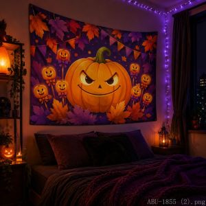 VIKAMA Halloween Tapestry Pumpkin Bat Cat Maple Leaf Moon Print Bedroom Living Room Party Wall Hanging Decor Cloth
