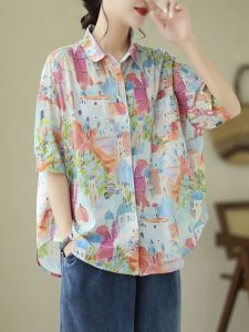 Áo Sơ Mi Cotton Tay Ngắn Họa Tiết Sơn Dầu Graffiti Cho Nữ Phong Cách Harajuku Cổ Búp Bê Thường Ngày Mùa Hè 2024 Áo Sơ Mi Cổ Polo Họa Tiết Hoa