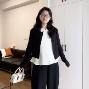 VKSOD | Bộ ba mảnh áo vest không tay cổ búp bê áo len cardigan dài tay quần ống rộng cạp cao phong cách Hàn Quốc mùa thu