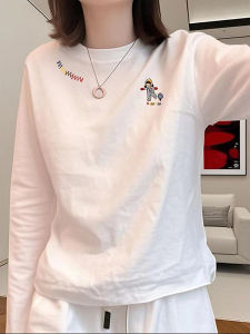 White Long Sleeve Pure Cotton T-Shirt Womens Fashion Cartoon Print Slim Fit Base Shirt Casual Style Autumn New Arrival
