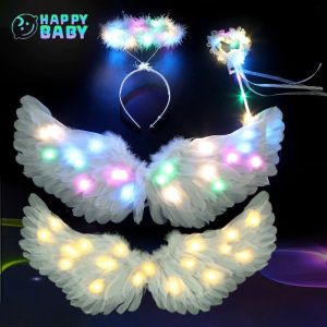 Glowing Angel Wings for Kids Baby Photography Props Wings Costume White Feather Wings with LED Light Angle Halo Fairy Wand Kids Birthday Gift