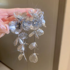 ต่างหูรูปดอกไม้สไตล์เกาหลีสำหรับเจ้าสาว ต่างหูแบบยาวหรูหรา ดีไซน์หรูหรา โลหะผสมประดับเพชรเทียม สำหรับผู้หญิง