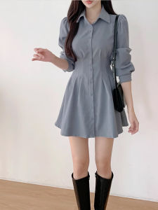 Chic French Vintage Shirt Dress Womens Slimming High Waist Long Sleeve Blue Dress Korean Style Commute Pure Color A-Line Skirt