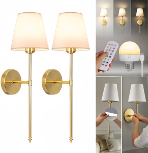 Battery Operated Wall Sconces Set of Cordless Wall Light Adhesive-backed install Rechargeable Bulbs and Remote 12Colors Dimmable