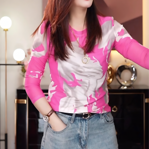 เสื้อยืดผู้หญิงแขนยาวผ้าตาข่ายบางสไตล์เกาหลีฤดูใบไม้ร่วง 2025 ฤดูใบไม้ผลิและฤดูใบไม้ร่วง เสื้อชั้นในคอกลมพิมพ์ลาย