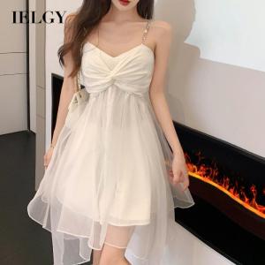 IELGY ชุดเดรสแขนกุดตาข่ายสําหรับผู้หญิงเดรสแบบช่องพิเศษแบบฝรั่งเศส