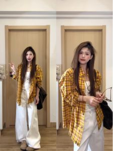 เสื้อเชิ้ตแขนยาวลายสก็อตสีเหลืองสไตล์ย้อนยุคขนาดใหญ่สำหรับผู้หญิง เสื้อเชิ้ตทรงหลวมๆ ลำลอง แฟชั่นฤดูใบไม้ผลิ