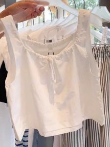 Sweet Style เสื้อกั๊กแขนกุดผ้าโพลีเอสเตอร์ผสมสำหรับฤดูร้อน 2024 เสื้อคอวีเข้ารูป เสื้อผ้าทำงานสไตล์เกาหลี แฟชั่นสตรีท