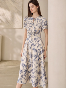 Roey s house | Retro New Chinese Style Satin Print Lace Dress
