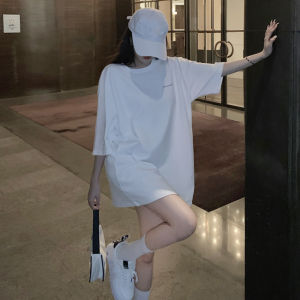 เสื้อยืดแขนสั้นผู้หญิงคอตตอนแท้สีขาวไซส์ใหญ่ ทรงหลวม แขนยาว ทรงหลวม แฟชั่นฤดูร้อน เสื้อยืดคอกลม