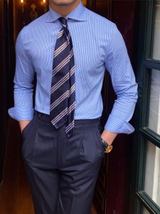Business Casual Stripe Long Sleeve English Windsor Collar Fitted Mens Shirt