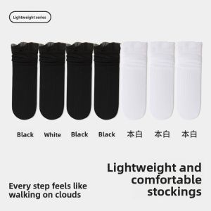 Miiow | Cat Lady Crystal Glass Lace Edge Thin Mid-Calf Socks For Women Summer Ballet Style Mary Jane Shoes Compatible Antibacterial