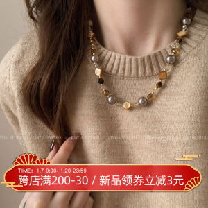 Tiger Eye Stone Beaded Sweater Chain Womens Spring Vintage Gentle High-End Luxury Necklace Accessories Korean Style Fashion Jewelry
