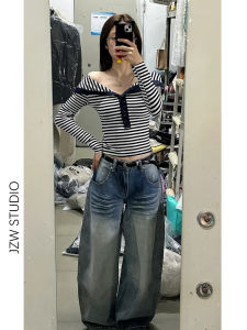 Loose Wide Leg Low Waist Jeans Womens Casual Slimming Trousers American Style Light Color Cat Jeans Autumn Wear