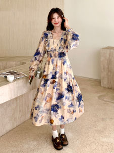 La Chapelle French Unique Beautiful Holiday Style Long Dress Womens Autumn Oil Painting Print Square Collar Waist Cinched Dress