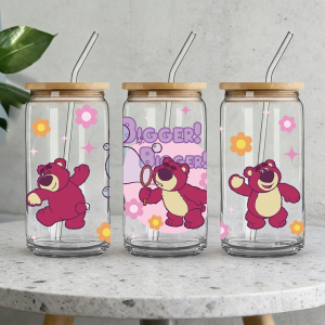 Disney | 1pc 16oz Disney Lotso Bear Borosilicate Glass Tumbler with Lid & Straw Cute Summer Cup for Iced Coffee Juice Perfect Gift