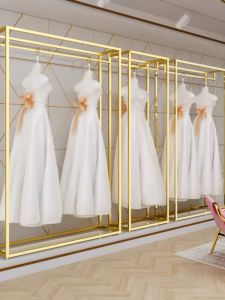 Gold Double Layer Wedding Dress Display Stand Iron Art Floor Mounted Rack Modern Simple Style Customizable Clothing Shop Shelf