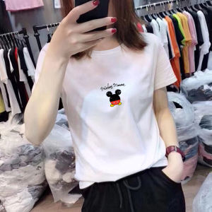 Summer New Loose Cotton Short Sleeve T-Shirt Women Basic Style White Versatile Top Korean Style round Neck Printed Casual Wear