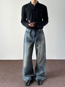 MKCLOT American Washed Vintage Blue Wide Leg Jeans Mens Straight Loose Casual Pants Youth Fashion mid Waist Button Closure