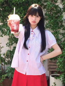 Áo Sơ Mi Tay Ngắn Màu Đỏ Sọc Phong Cách Ngọt Ngào Mùa Hè Phong Cách Hàn Quốc Ngọt Ngào Cho Bé Gái Trẻ Trung