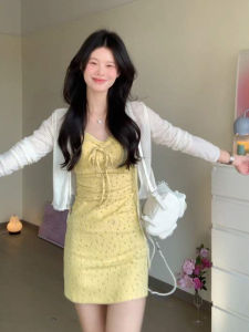QINWEIYU | Yellow Floral Summer Dress Short