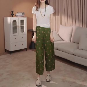 New Chinese Style Floral Print Wide Leg Pants Womens Summer Thin Loose plus Size High Waist Straight Cut Slimming Nine-Piece