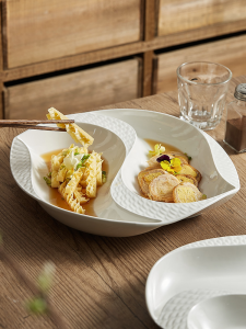 Ceramic Plate Dishes For Home Grid Special Asymmetrical White Tableware Creative Mandarin Duck Artistic Cuisine Cold Dish Plate