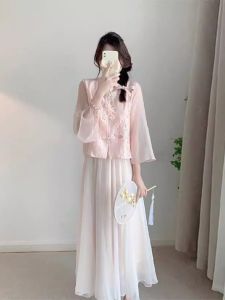 Summer New Pink Shirt Dress Two-Piece Set Beautifully Reformed Chinese Hanfu Womens Clothing Traditional Chinese Style Top