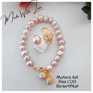 Perhisan Set Gelang Cincin Mutiara Air Tawar Asli Bersertifikat | Gelang Mutiara Lombok Asli | Cincin Wanita Anti Karat | Perhiasan Pesta