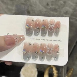 Ice Transparent Diamond Butterfly Design False Nails Cat Eye Nail Art Wearable Luxury Sensation Nail Tips with Rhinestones