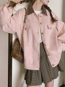 Korean Style Pink Suede Short Jacket Womens New 2025 Autumn Winter College Style Turn-down Collar Unique Cardigan Coat
