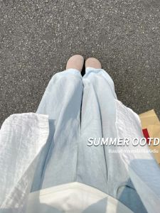 YAYANGREN | กางเกงขากว้างผ้าไหมน้ำแข็งสีน้ำเงินสำหรับผู้หญิงในฤดูร้อน กางเกงขายาวทรงตรงหลวมๆ ทรงลำลอง เอวสูง ทรงยาว