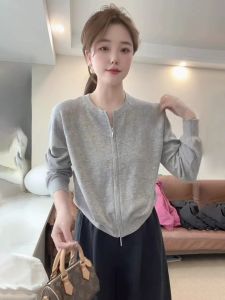 Áo Len Dệt Kim Dài Tay Mỏng Cho Nữ 2025 Mùa Xuân Thu Cardigan Hở Hai Khóa Kéo Dáng Rộng Thoải Mái Ngắn