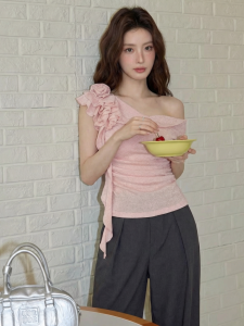 YUEZHONGWEI | French Style V-Neck Pink Silk Knit Vest Summer Wear